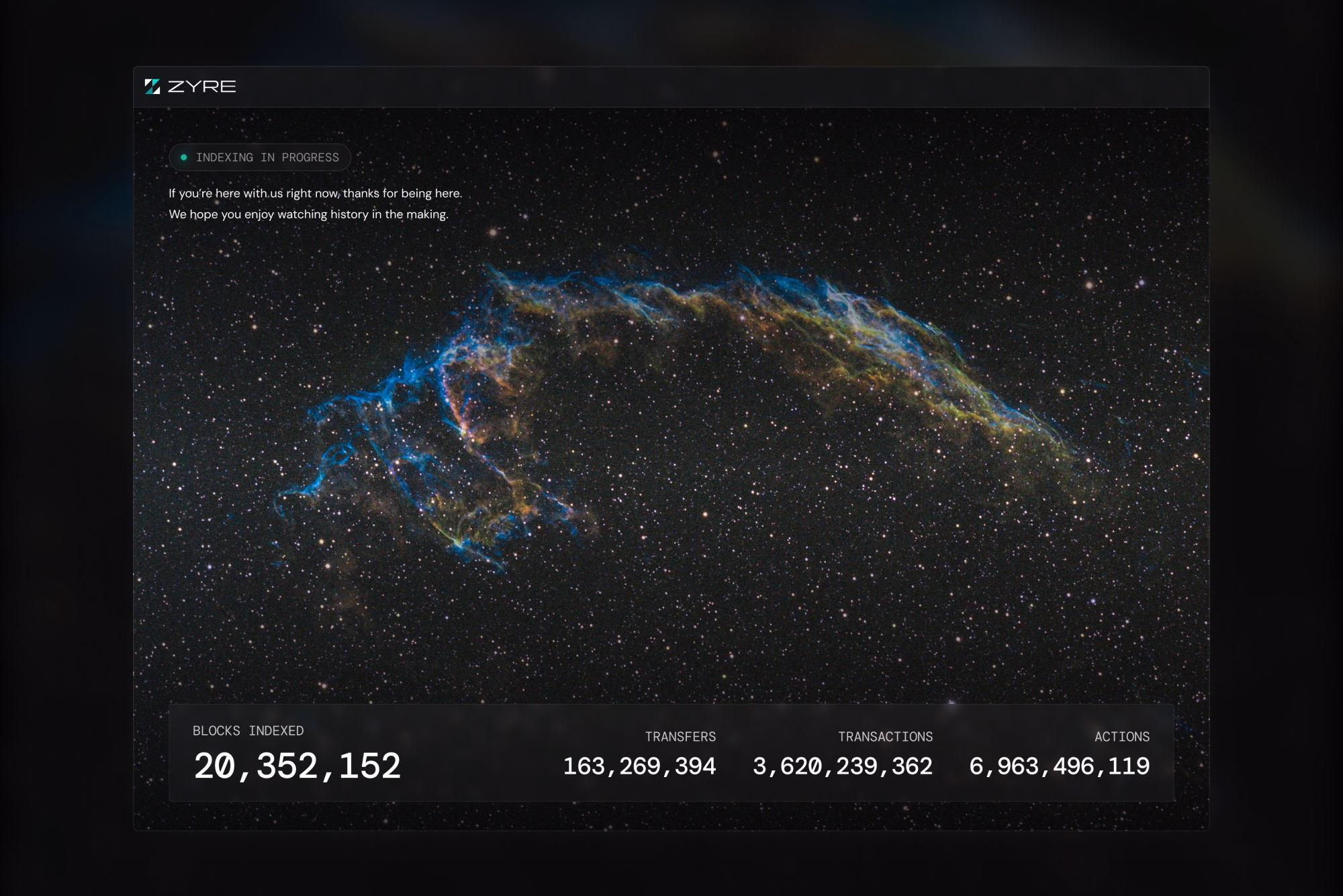 Zyre blockchain indexing analytics screenshot